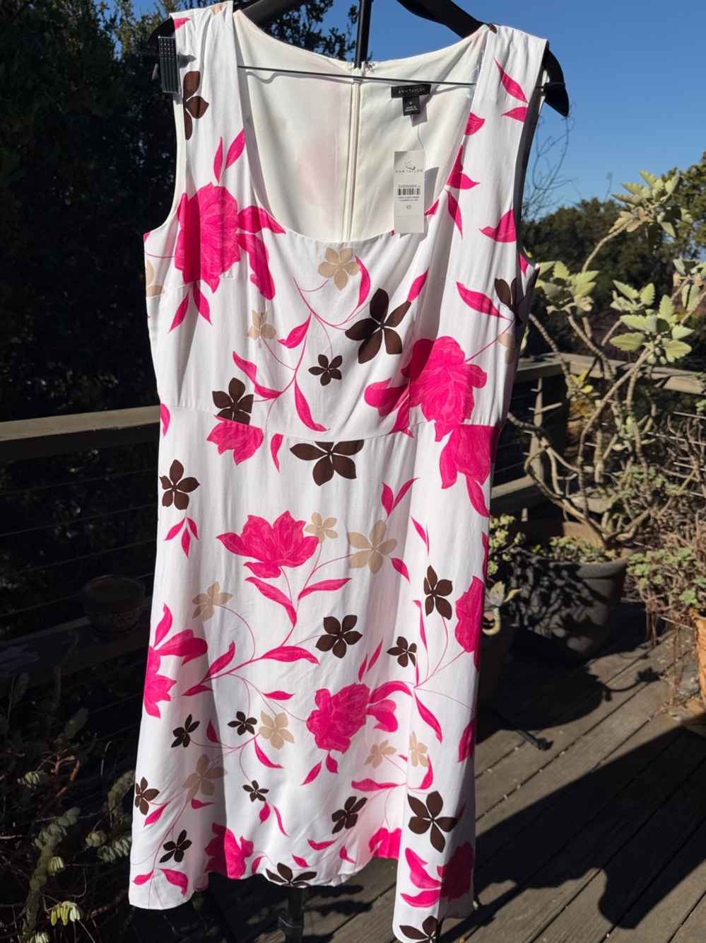Ann Taylor White Midi Dress with Hot Pink & Brown Floral Print